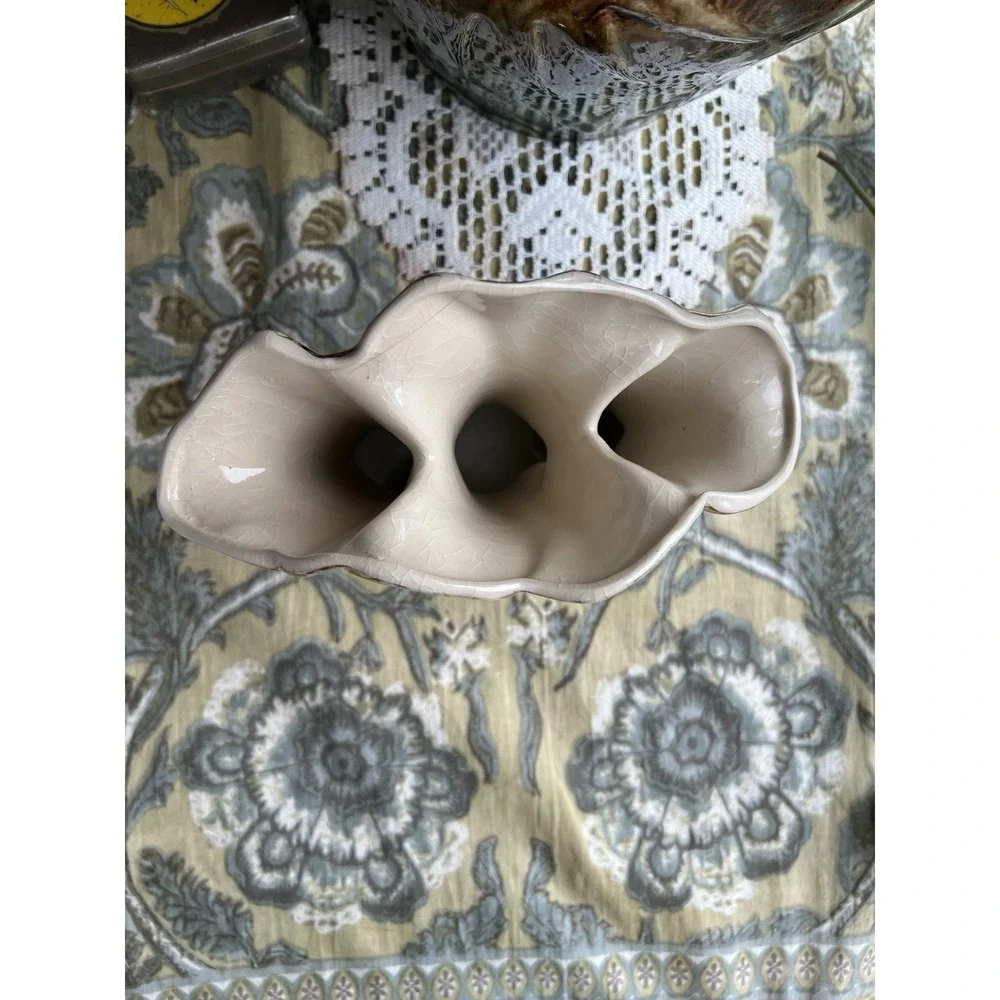 Vintage McCoy USA Triple Calla Lily Vase Planter Pottery Ivory Green Gold 1950s